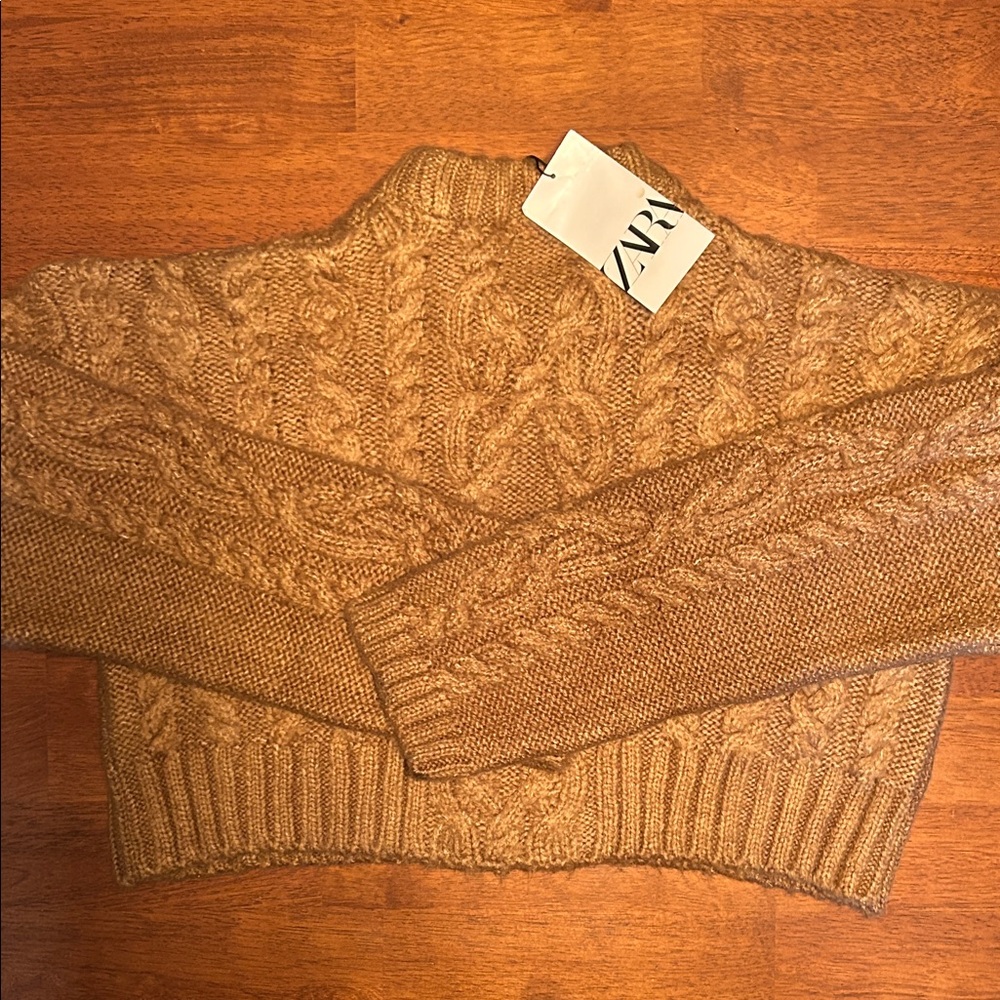 Zara Cropped Cable Knit Heavy Sweater - Brown Taupe- size M - Picture 6 of 8
